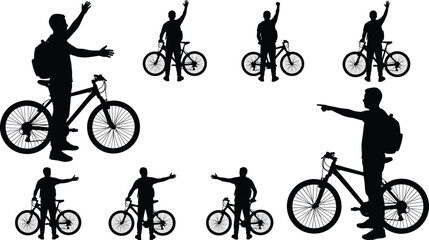 Obraz premium Silhouettes of a male cyclist with a backpack and mountain bike standing in various poses on a white background