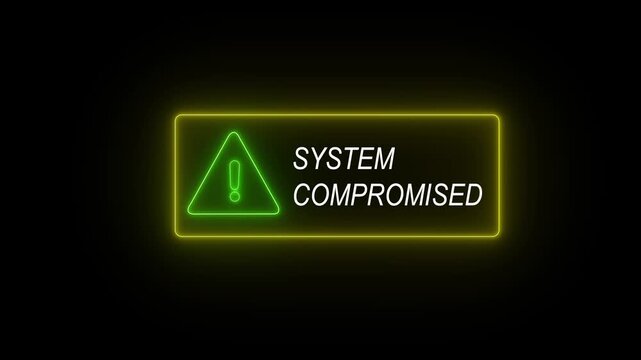 Neon glowing system compromised warning sign animation with flashing exclamation mark for cybersecurity alerts, digital data breach notifications, and high-tech network security threat concepts