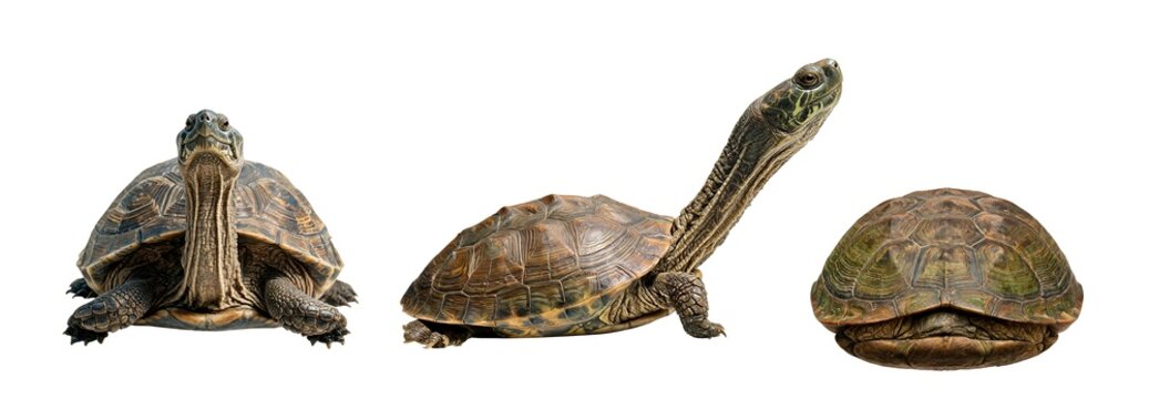 Turtle Behavior and Defense Pose Collection Isolated on Transparent Background, Extended Neck, Alert Posture and Retracted Shell Positions, Ultra Realistic Reptile Set