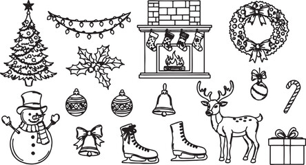 Christmas and winter holiday icons collection: snowman reindeer christmas tree fireplace ornaments candy cane wreath ice skates string lights with line art merry christmas winter season © JAHANARA