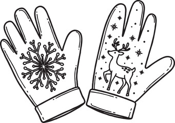 Pair of winter gloves with snowflake and reindeer designs cozy handwear for cold weather black and white winter fashion winter clothing snowflake reindeer handwear clothing activity © JAHANARA
