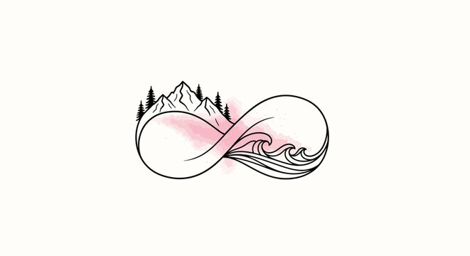 Abstract infinity symbol with mountains trees and waves design