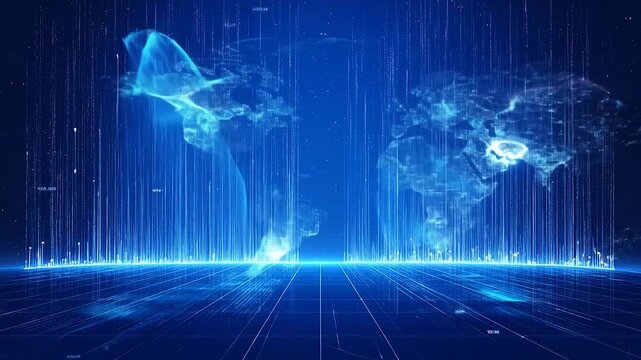 Digital world map with glowing data lines and abstract grid floor