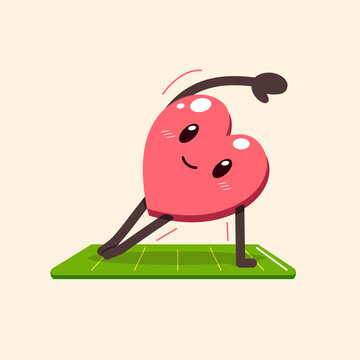 Cute heart character doing yoga stretch pose on mat cartoon vector illustration