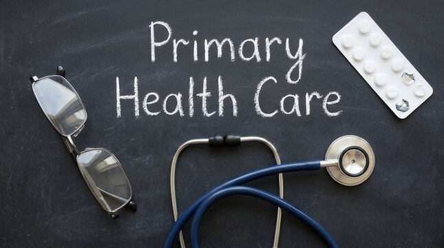 Medical equipment including a stethoscope eyeglasses and a blister pack of pills are arranged on a chalkboard with the words Primary Health Care written in chalk medicine