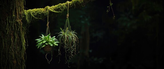 Obraz premium Vertical greenery composition with mossy green ferns and two epiphyte plants hanging from branch
