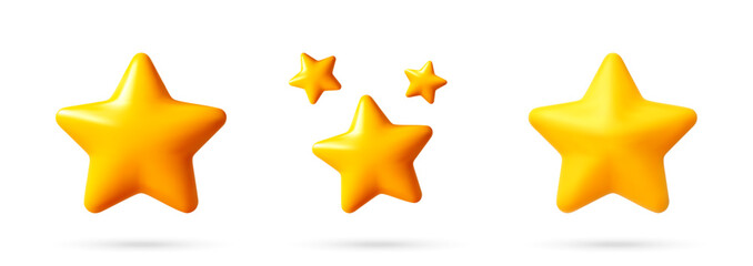 Obraz premium Yellow star icon set in 3D style. Glossy graphic element for rating or ranking system. Decorative object for web design UI and mobile application interface. Isolated vector shape.