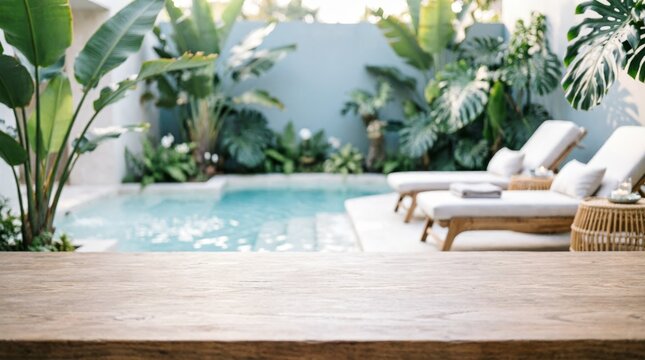 Luxury Poolside Retreat with Tropical Plants and Lounge Chairs for Web Design