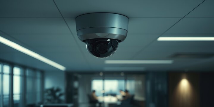 High tech security camera in office ceiling monitoring day and night activities