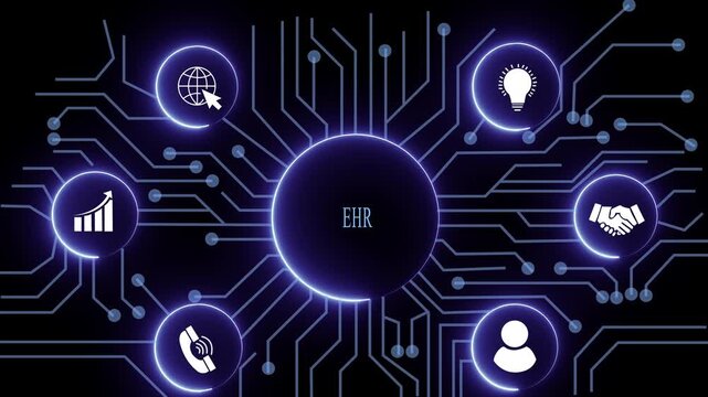 EHR concept with circuit lines and digital symbols hovering above a businessman, technology. manufacturing process management all connected in a digital circle like pattern.