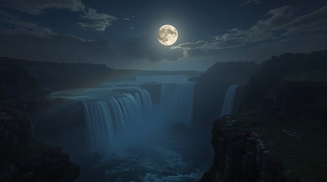 Rare moon bow appearing above mist-covered waterfalls during a serene night.