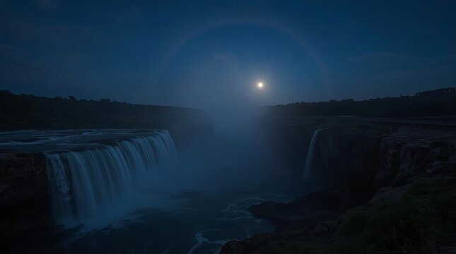 Rare moon bow appearing above mist-covered waterfalls during a serene night.