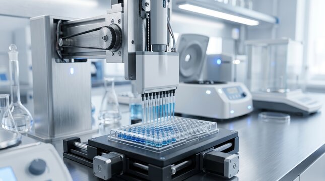 Automated liquid handling robot pipetting blue solution into microplate for medical research