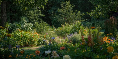 Obraz premium Summer garden view highlighting vibrant floral colors and dense surrounding trees