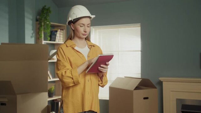 Focused woman in a white hard hat standing among cardboard boxes in a new apartment, carefully inspecting the room and taking notes in a red notebook for a property inventory check