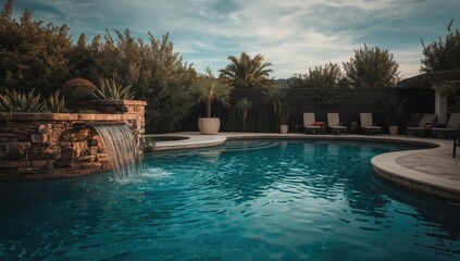 Fototapeta premium inviting swimming pool area with water features and loungers