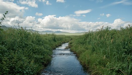 Obraz premium Stream flowing through lush green grasslands under a blue sky