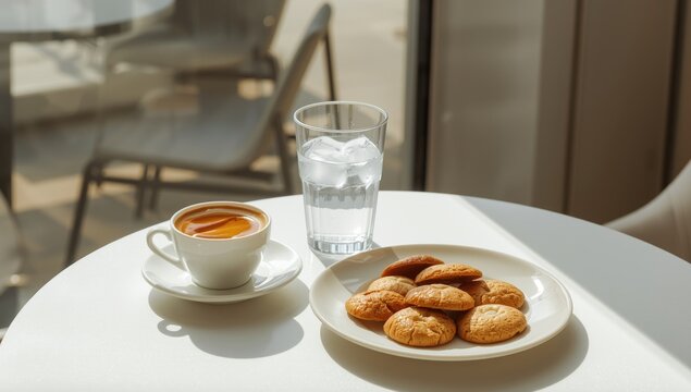 Vertical capture of a cafe breakfast featuring espresso coffee, a glass of water, cookies, and a well lit empty front
