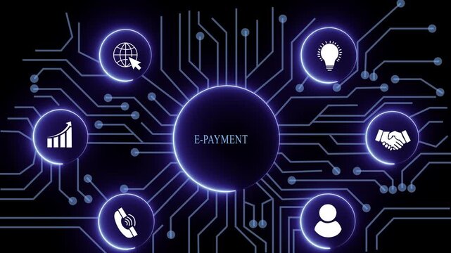 e-payment concept with circuit lines and digital symbols hovering above a businessman, technology. manufacturing process management all connected in a digital circle like pattern