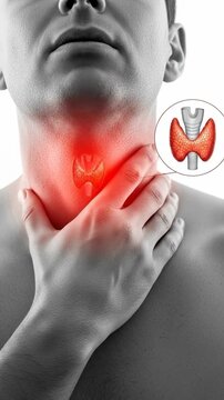 Thyroid gland disease affecting a human, exhibiting neck discomfort, a serious endocrine health problem, showing pain and medical concern, overall wellness issue