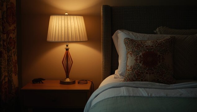 Well lit bedroom interior with a lamp beside a bed furnished with a coordinating pillow and blanket