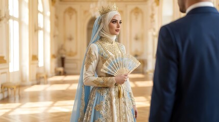 Fototapeta premium Regal portrait of a woman in an ornate blue and gold gown and hijab with a crown holding a fan in a sunlit palace hall