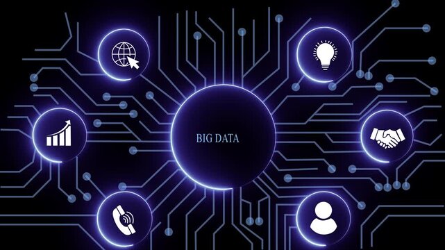 BIG DATA concept with circuit lines and digital symbols hovering above a businessman, technology. manufacturing process management all connected in a digital circle like pattern.