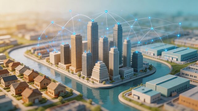 Miniature smart city model with skyscrapers connected by glowing blue network lines. Concept of IoT internet of things urban technology infrastructure and digital communication