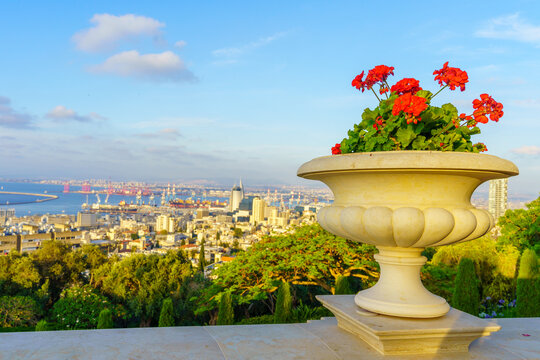 Bahai Gardens, downtown and harbor, Haifa