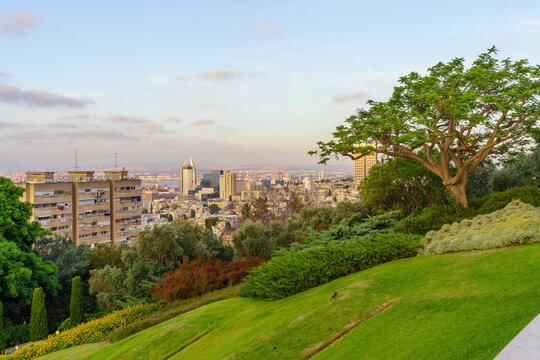 Bahai Gardens, downtown and harbor, Haifa