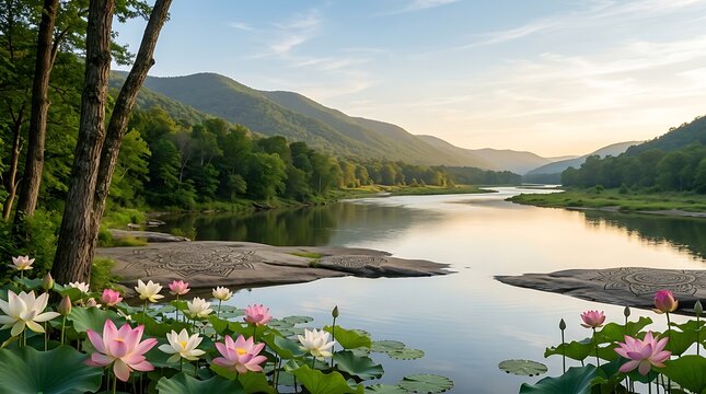 Serene valley river with pink lotus flowers and mandala rock art