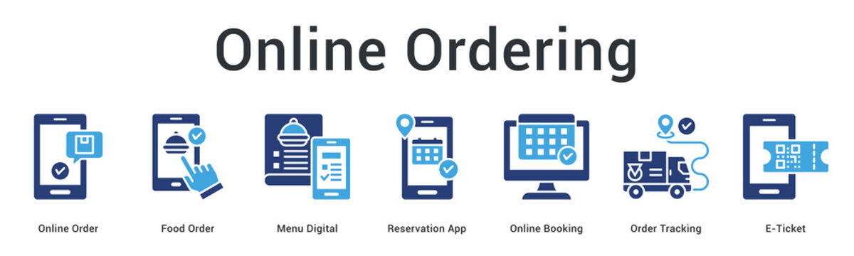 Online ordering flow from digital menu, reservation and booking apps to order tracking and e-ticket delivery