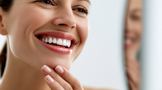 Woman smile mirror white tooth healthy gum beauty skincare dental care concept joyful emotion natural makeup close up face soft light clean skin