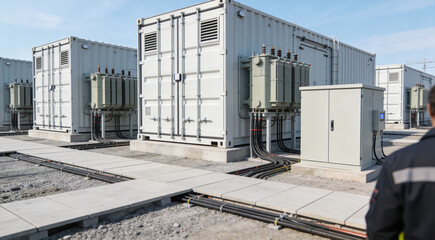 Modern electrical substation with large transformers and shipping container units © Snide12