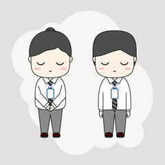 Fototapeta premium Minimalist Chibi Office Workers Bowing in Professional Attire Illustration. EPS 10.