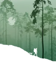 Vector background for your design. A man with a backpack and a dog walks through the forest. ПGreen tones.  © kozerog2015