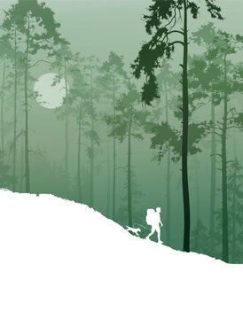Vector background for your design. A man with a backpack and a dog walks through the forest. ПGreen tones.	