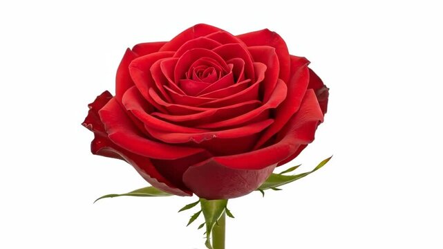 A single vibrant red rose in full bloom isolated on a white background