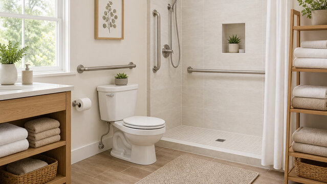 Bright modern bathroom featuring a walk-in shower, safety grab bars, toilet, wood vanity, towels, plants, and neutral spa-inspired decor.