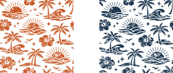 Retro Tropical Seamless Pattern with Palm Trees, Ocean Waves, Sun, and Hibiscus Flowers in Distressed Style © Md Anamul