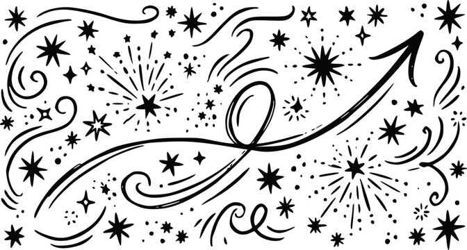 Hand drawn doodle vector illustration featuring a decorative upward arrow with swirling lines and sparkling stars on white background