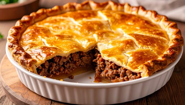 A delicious homemade quiche with  with mushrooms, vegetables and meat, meat  presented  presented in a  a white baking dish on a wooden table.