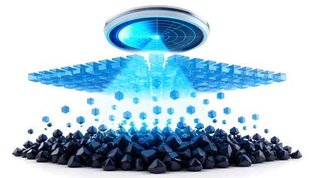 Futuristic blue light beam scanning dark geometric stones