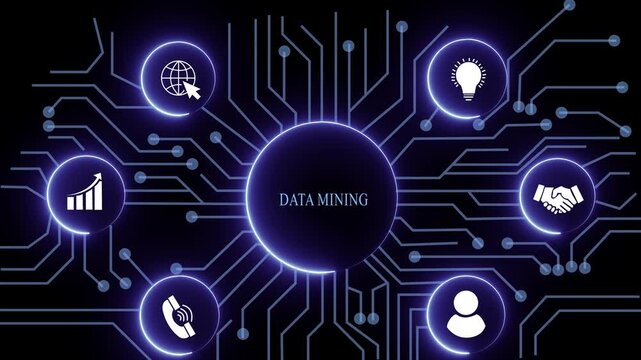 &ldquo;Futuristic data mining Technology Animation Featuring Digital Finance Icons, Data Analytics, Online Banking and Global Financial Network Interface on Dark Tech Background