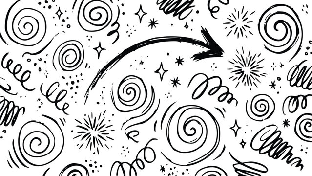 Doodle set vector illustration featuring hand drawn abstract swirls arrows stars and scribble patterns on a clean white background