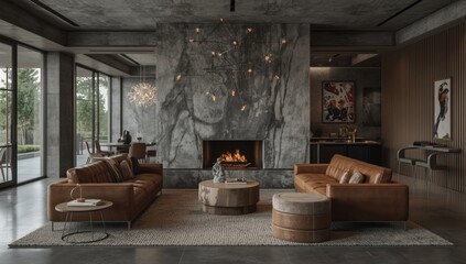 Obraz premium Modern living room with brown leather sofas and stone fireplace