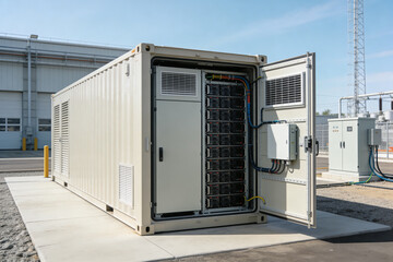 Containerized battery energy storage system with open door revealing racks of batteries © Snide12