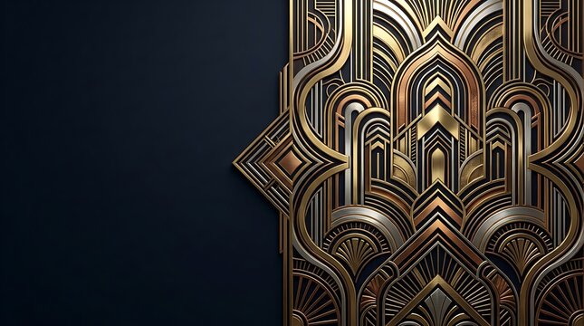 Elegant metallic art deco geometric pattern on dark background
