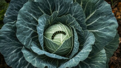 Obraz premium Caterpillar resting on the center of a green cabbage