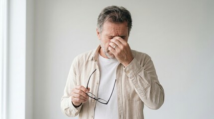 Obraz premium Middle aged man feeling tired and removing glasses to rub bridge of nose with headache exhausted eyestrain removing